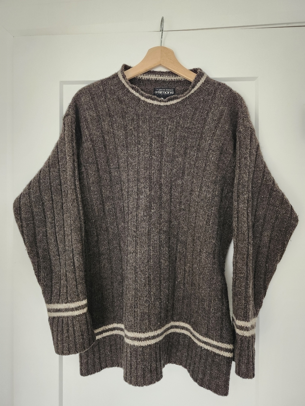 Vintage Simons Brown Wool Blend Ribbed Sweater with Contrast Stripe